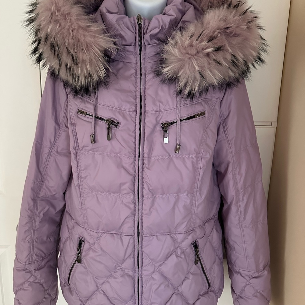 Real Fur Real Down Lavender Puffer Jacket Detachable Hood Pockets L - Picture 2 of 13
